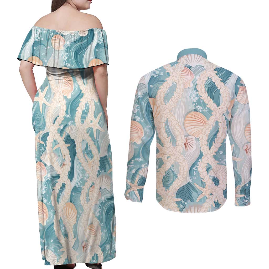 Hawaii Lei Seashells Starfish Couples Matching Off Shoulder Maxi Dress and Long Sleeve Button Shirt Fresh Summer Vibe - Polynesian Pride