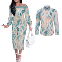 Hawaii Lei Seashells Starfish Couples Matching Off The Shoulder Long Sleeve Dress and Long Sleeve Button Shirt Fresh Summer Vibe - Polynesian Pride