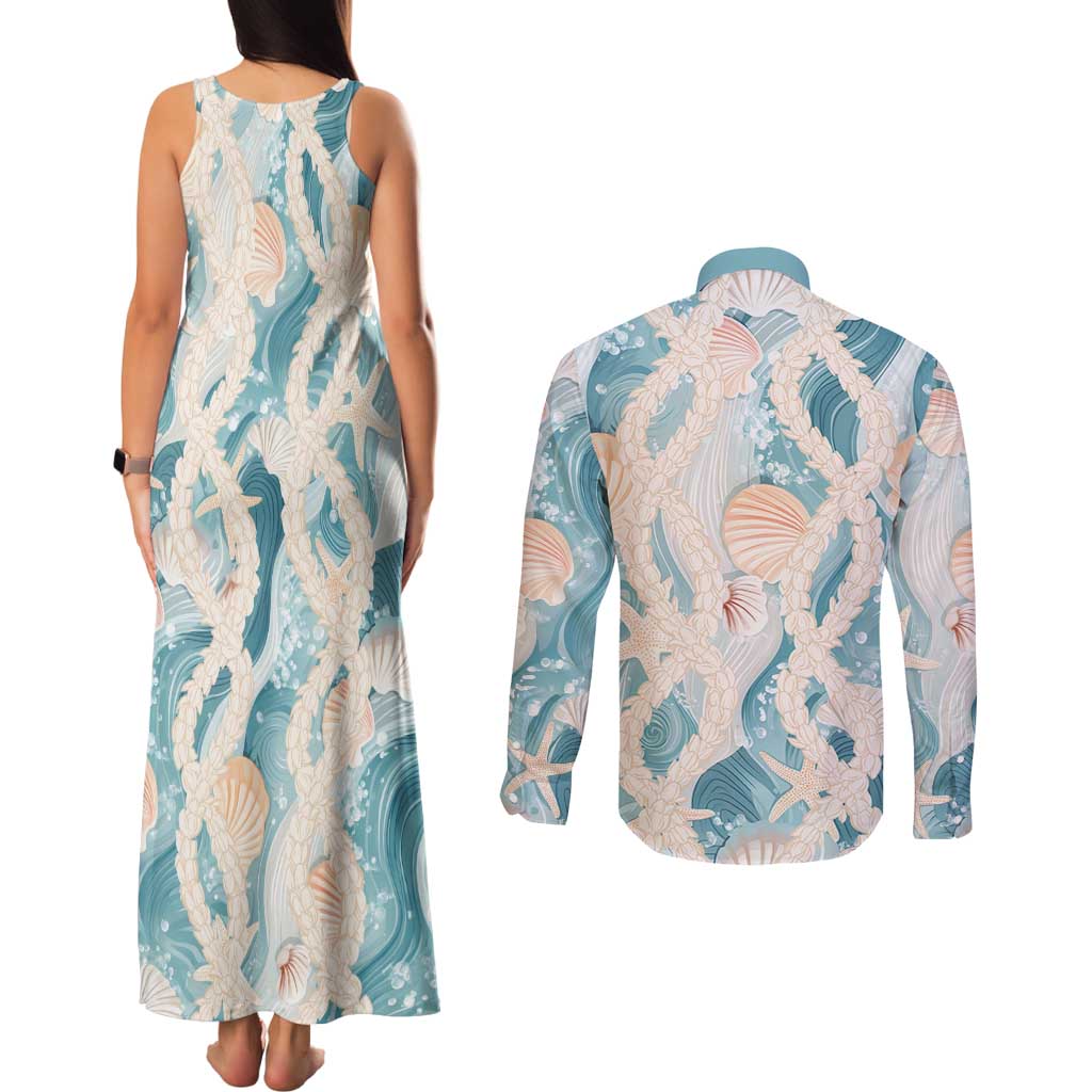 Hawaii Lei Seashells Starfish Couples Matching Tank Maxi Dress and Long Sleeve Button Shirt Fresh Summer Vibe - Polynesian Pride
