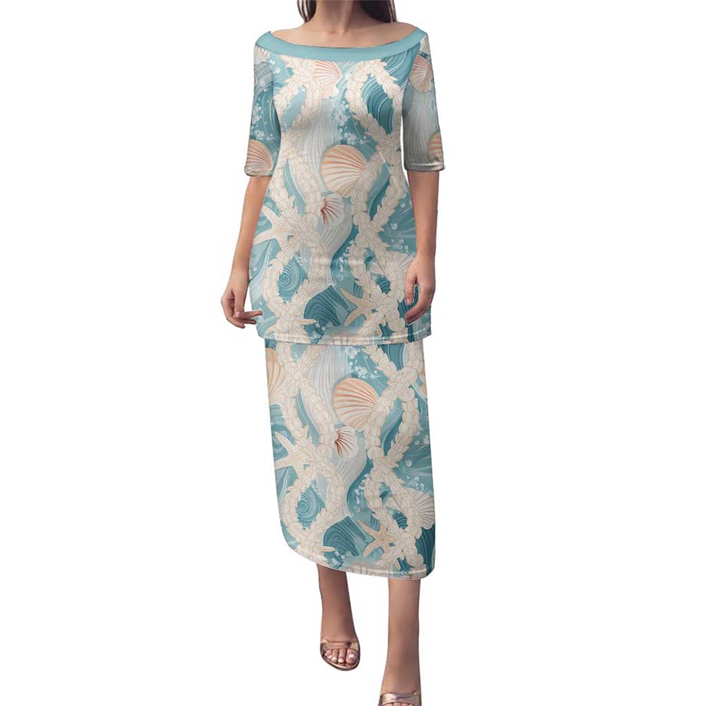 Hawaii Lei Seashells Starfish Family Matching Puletasi and Hawaiian Shirt Fresh Summer Vibe LT01 Mom's Dress Blue - Polynesian Pride