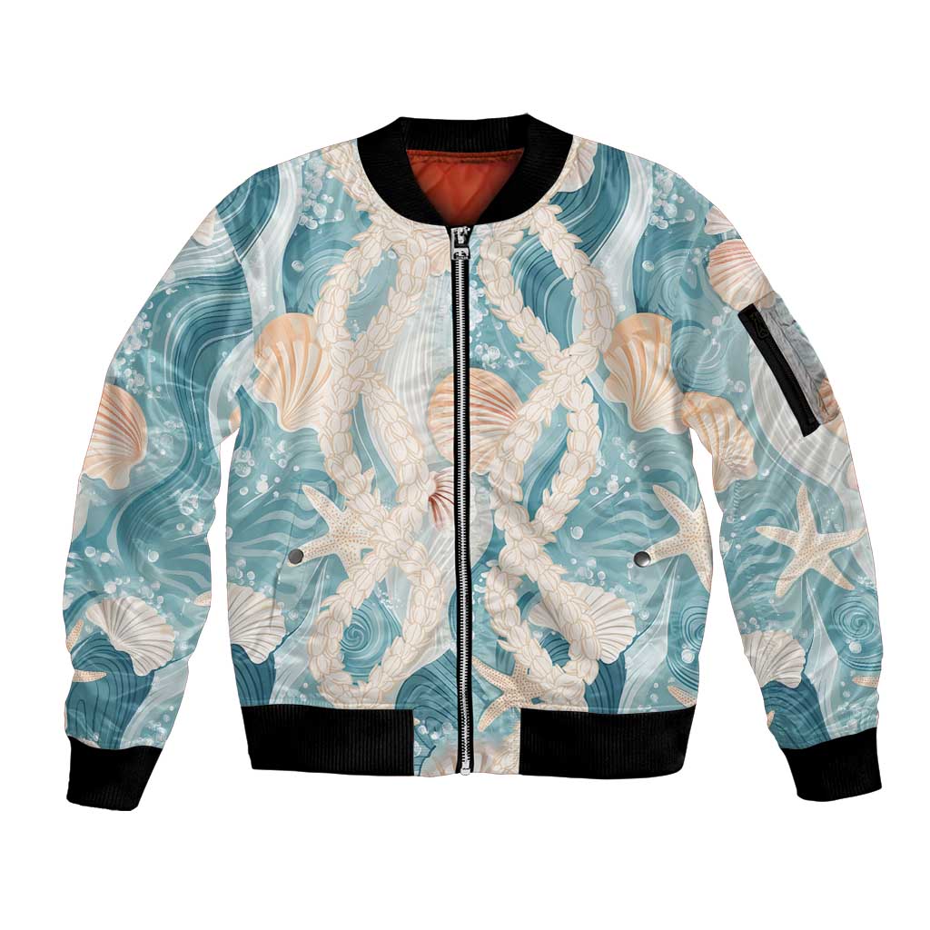 Hawaii Lei Seashells Starfish Sleeve Zip Bomber Jacket Fresh Summer Vibe LT01 Unisex Blue - Polynesian Pride