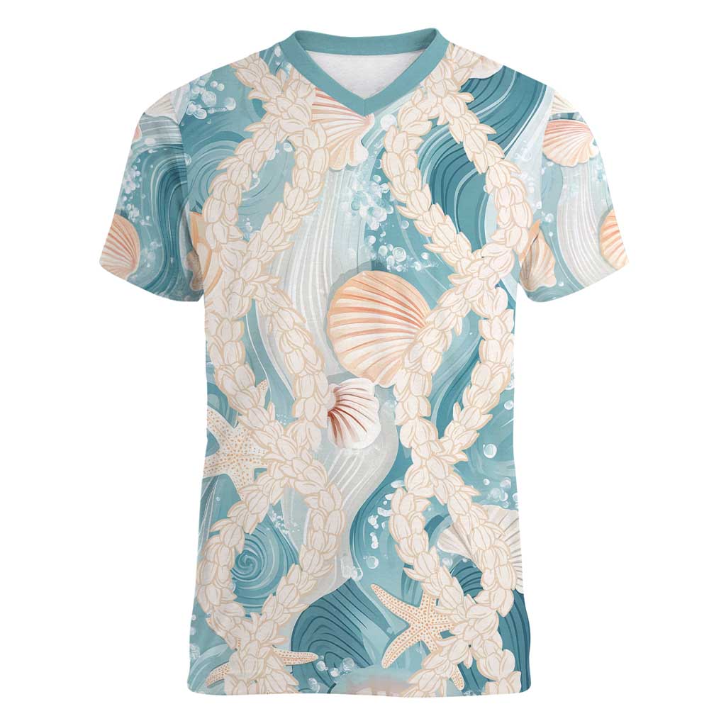 Hawaii Lei Seashells Starfish Women V-Neck T-Shirt Fresh Summer Vibe LT01 Female Blue - Polynesian Pride