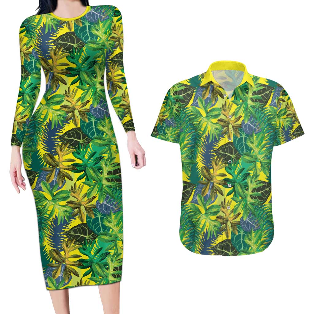 Hawaii Summer Tropical Leaves Couples Matching Long Sleeve Bodycon Dress and Hawaiian Shirt - Polynesian Pride