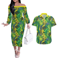Hawaii Summer Tropical Leaves Couples Matching Off The Shoulder Long Sleeve Dress and Hawaiian Shirt - Polynesian Pride