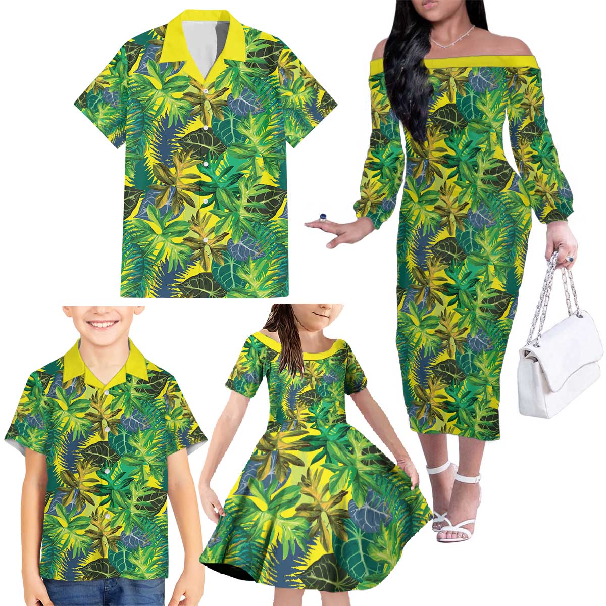 Hawaii Summer Tropical Leaves Family Matching Off The Shoulder Long Sleeve Dress and Hawaiian Shirt - Polynesian Pride