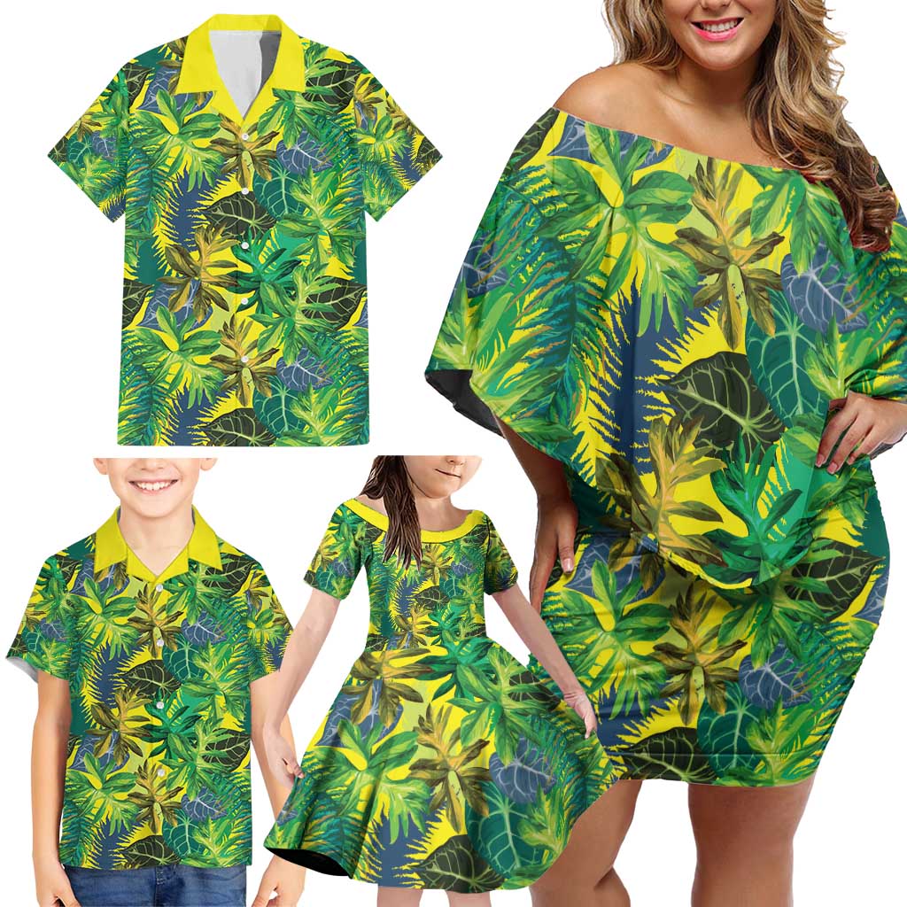 Hawaii Summer Tropical Leaves Family Matching Off Shoulder Short Dress and Hawaiian Shirt - Polynesian Pride