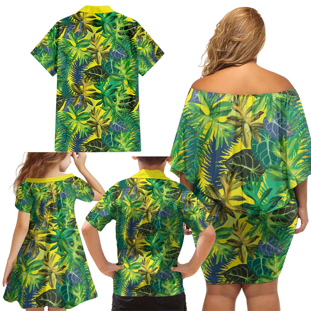 Hawaii Summer Tropical Leaves Family Matching Off Shoulder Short Dress and Hawaiian Shirt - Polynesian Pride