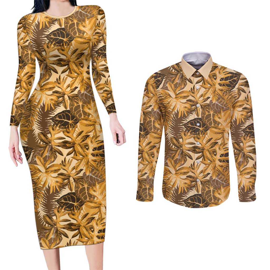 Hawaii Gold Tropical Leaves Couples Matching Long Sleeve Bodycon Dress and Long Sleeve Button Shirt - Polynesian Pride