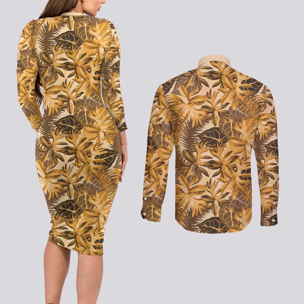 Hawaii Gold Tropical Leaves Couples Matching Long Sleeve Bodycon Dress and Long Sleeve Button Shirt - Polynesian Pride