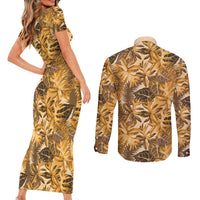 Hawaii Gold Tropical Leaves Couples Matching Short Sleeve Bodycon Dress and Long Sleeve Button Shirt - Polynesian Pride