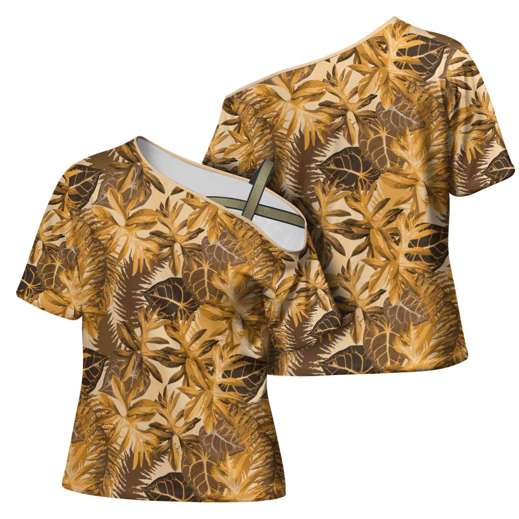 Hawaii Gold Tropical Leaves Cross Shoulder Shirt - Polynesian Pride