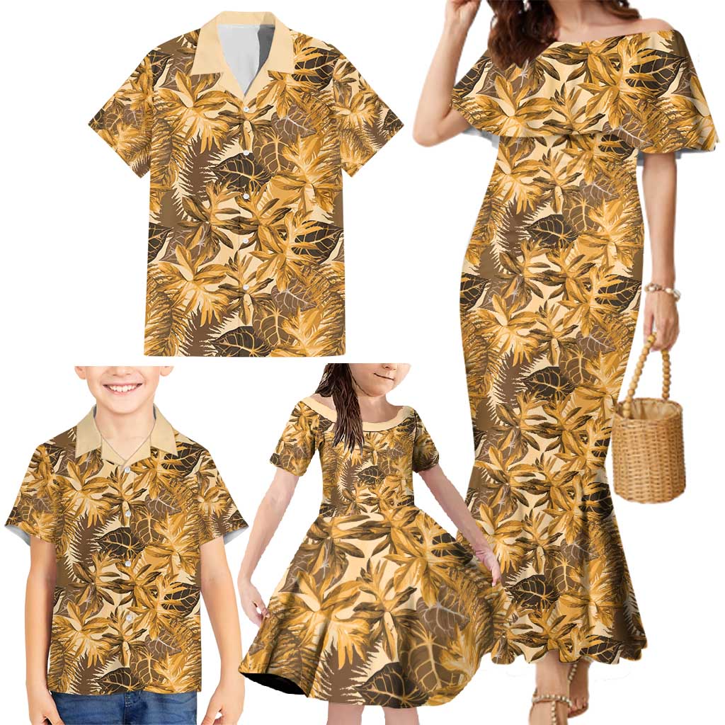Hawaii Gold Tropical Leaves Family Matching Mermaid Dress and Hawaiian Shirt - Polynesian Pride