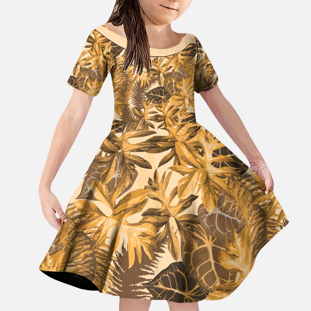 Hawaii Gold Tropical Leaves Family Matching Puletasi and Hawaiian Shirt LT01 Daughter's Dress Gold - Polynesian Pride