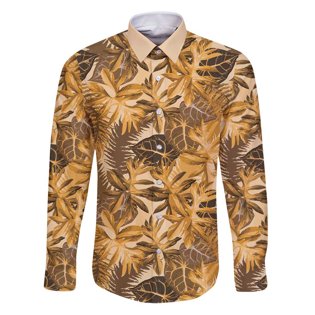Hawaii Gold Tropical Leaves Family Matching Puletasi and Hawaiian Shirt LT01 Dad's Shirt - Long Sleeve Gold - Polynesian Pride