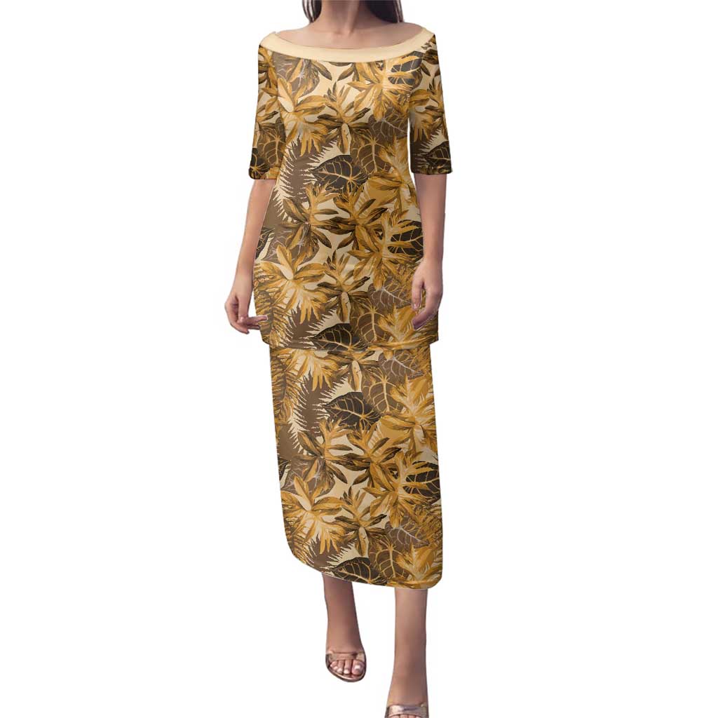 Hawaii Gold Tropical Leaves Family Matching Puletasi and Hawaiian Shirt LT01 Mom's Dress Gold - Polynesian Pride