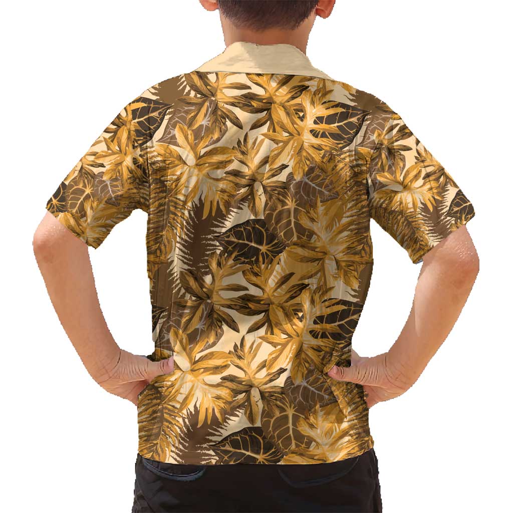Hawaii Gold Tropical Leaves Family Matching Tank Maxi Dress and Hawaiian Shirt - Polynesian Pride