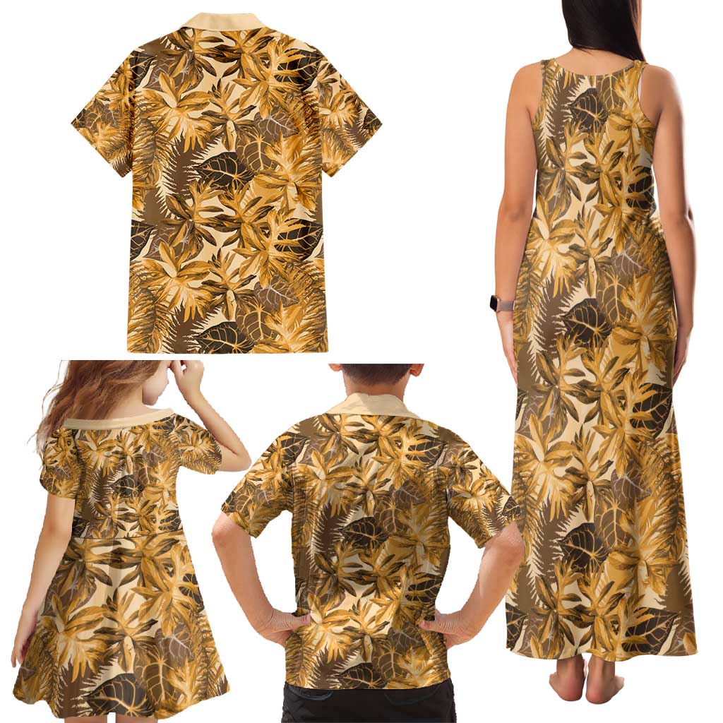 Hawaii Gold Tropical Leaves Family Matching Tank Maxi Dress and Hawaiian Shirt - Polynesian Pride