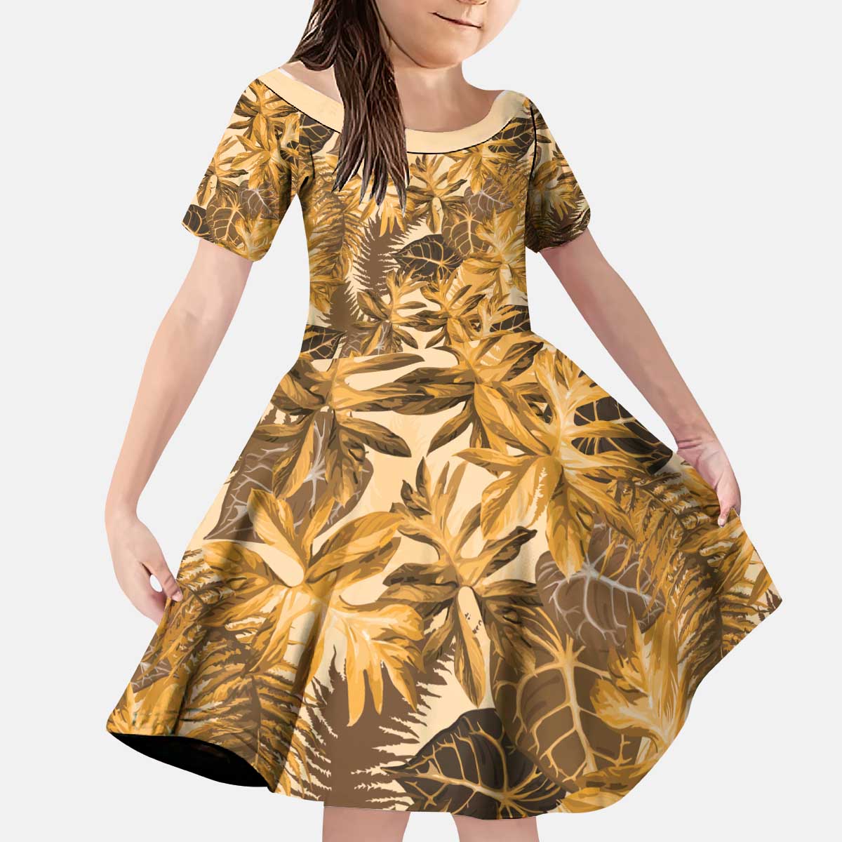 Hawaii Gold Tropical Leaves Kid Short Sleeve Dress - Polynesian Pride