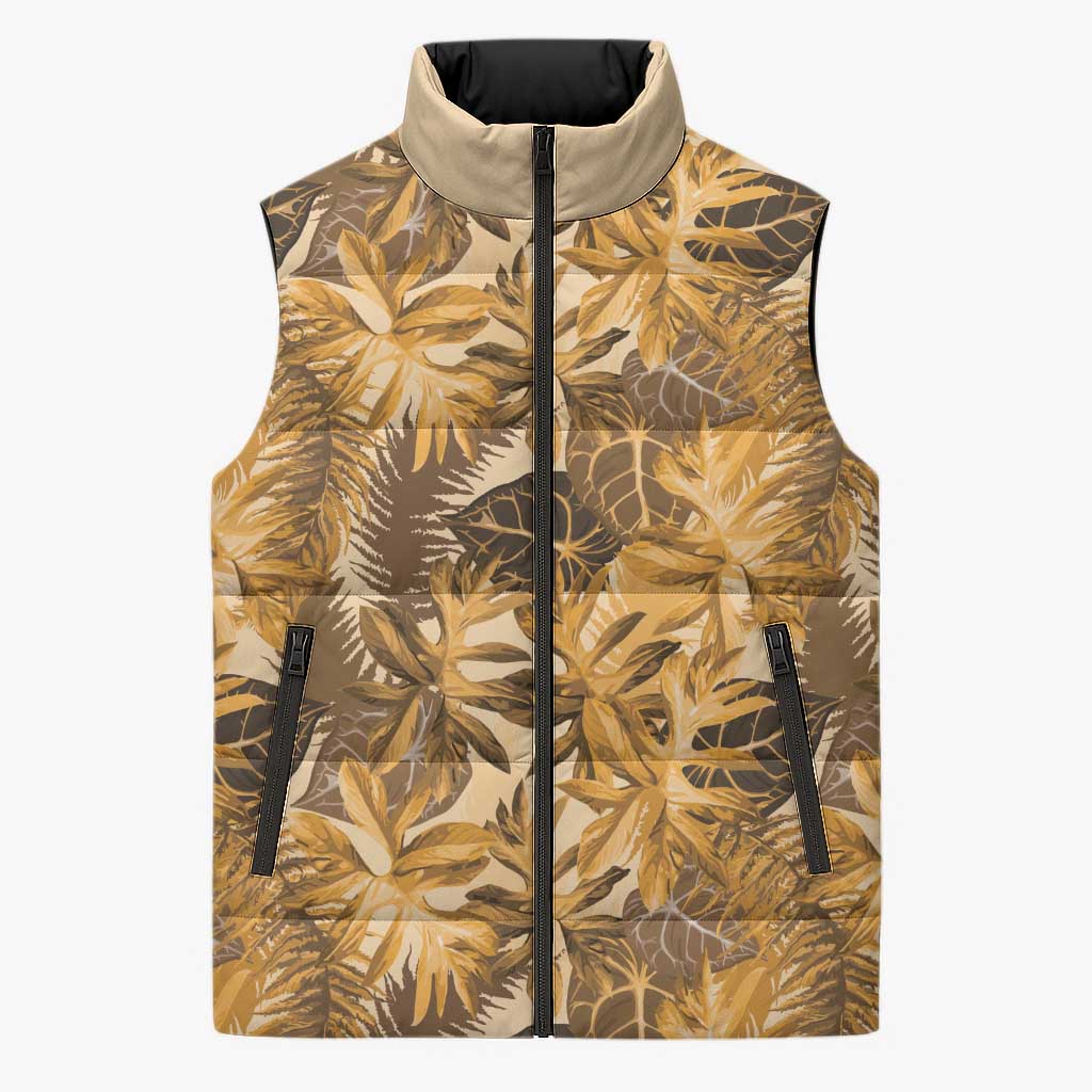 Hawaii Gold Tropical Leaves Sleeveless Puffer Jacket - Polynesian Pride