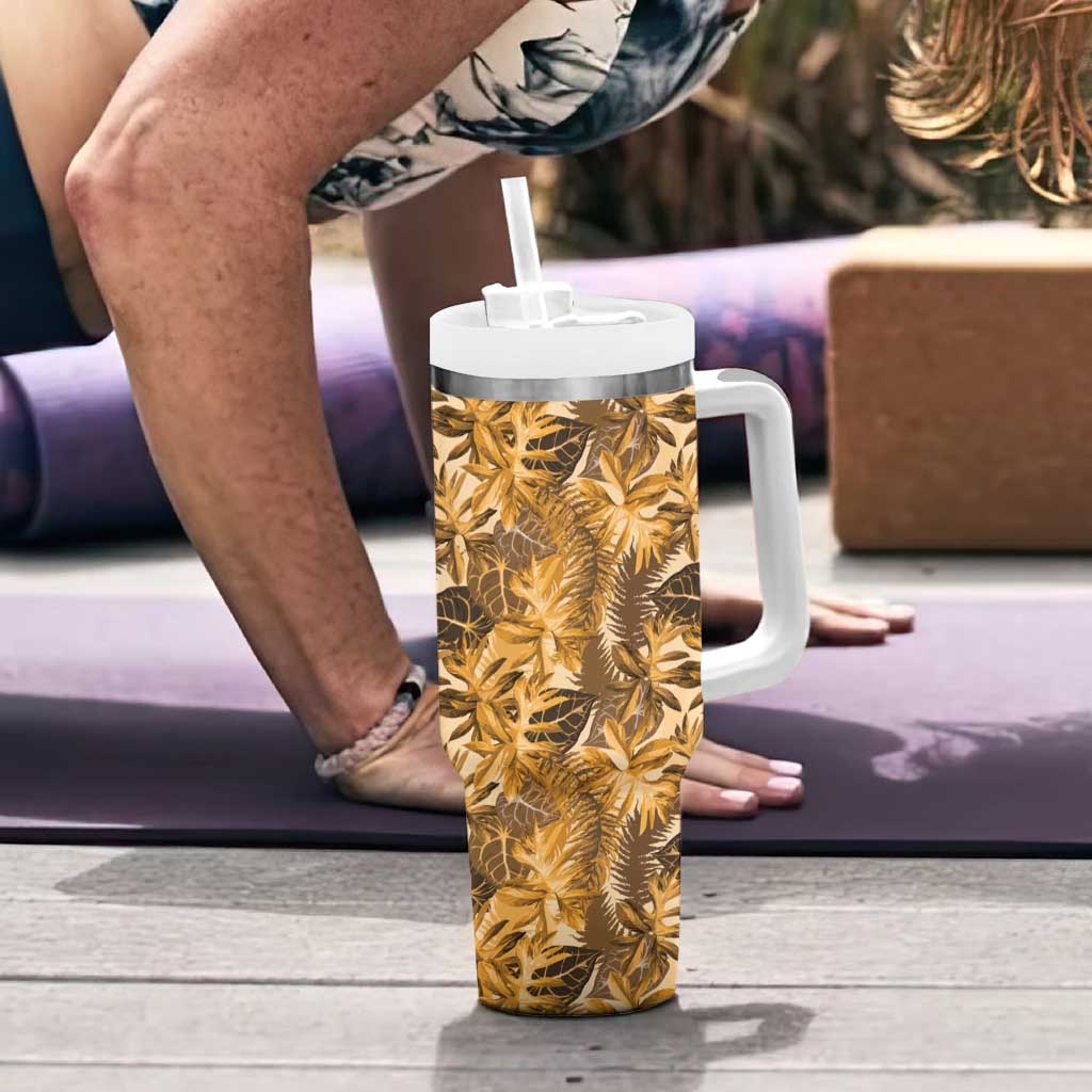 Hawaii Gold Tropical Leaves Tumbler With Handle - Polynesian Pride