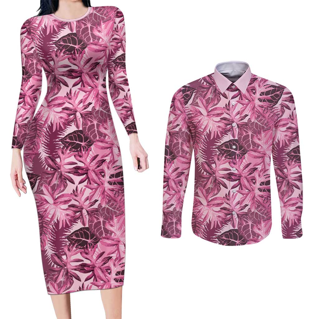 Hawaii Pink Tropical Leaves Couples Matching Long Sleeve Bodycon Dress and Long Sleeve Button Shirt - Polynesian Pride