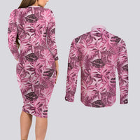 Hawaii Pink Tropical Leaves Couples Matching Long Sleeve Bodycon Dress and Long Sleeve Button Shirt - Polynesian Pride
