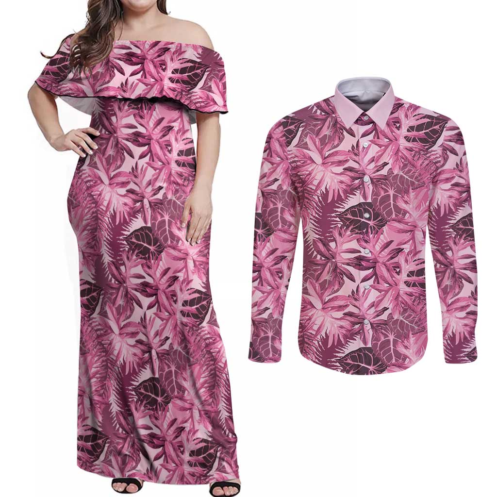 Hawaii Pink Tropical Leaves Couples Matching Off Shoulder Maxi Dress and Long Sleeve Button Shirt - Polynesian Pride