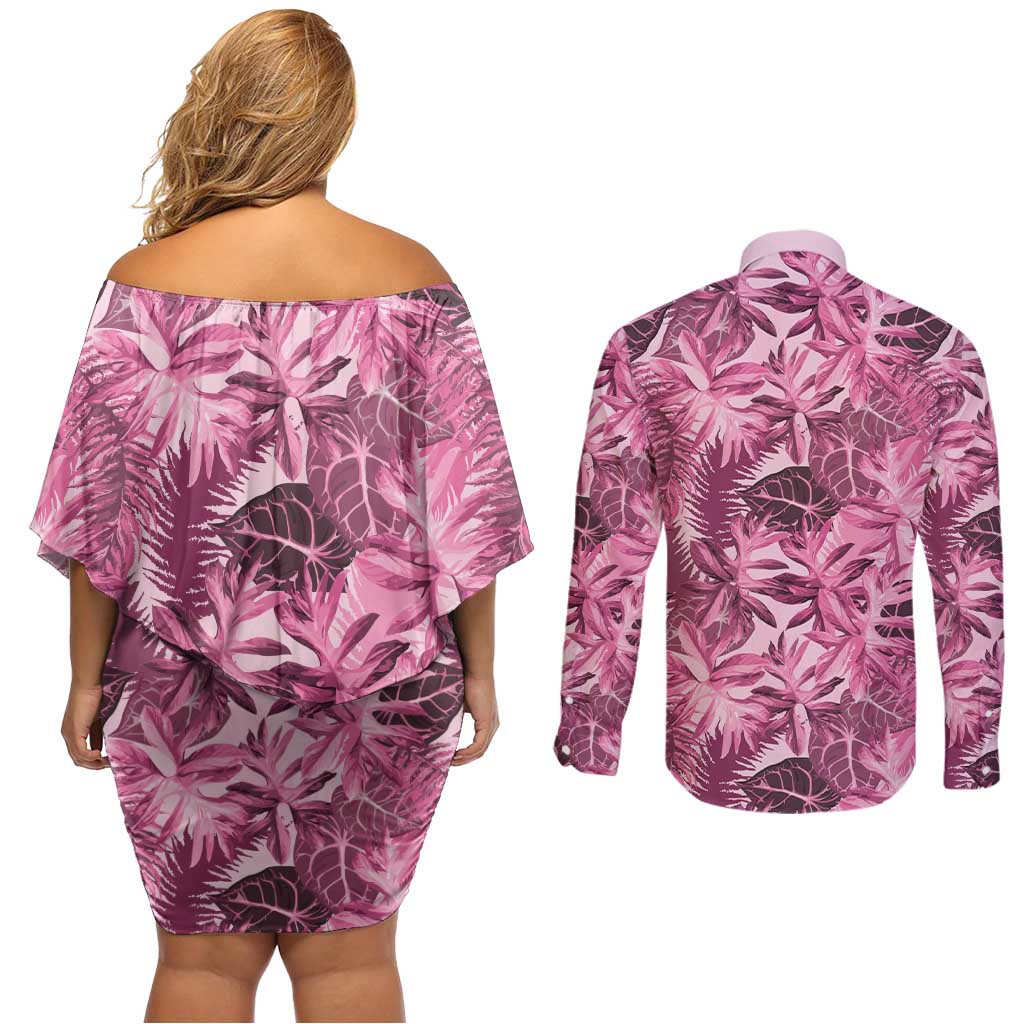 Hawaii Pink Tropical Leaves Couples Matching Off Shoulder Short Dress and Long Sleeve Button Shirt - Polynesian Pride
