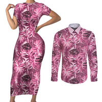 Hawaii Pink Tropical Leaves Couples Matching Short Sleeve Bodycon Dress and Long Sleeve Button Shirt - Polynesian Pride