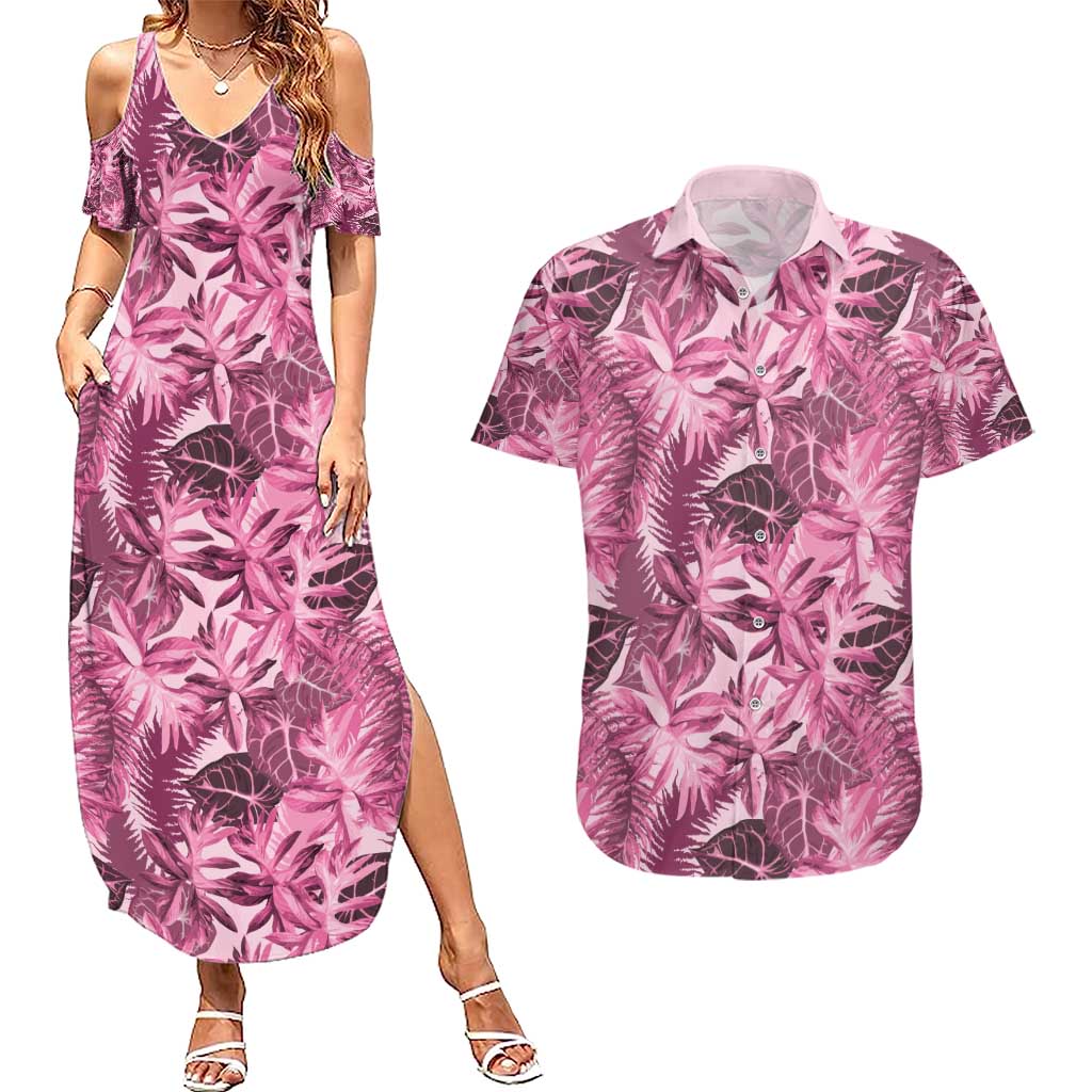 Hawaii Pink Tropical Leaves Couples Matching Summer Maxi Dress and Hawaiian Shirt - Polynesian Pride