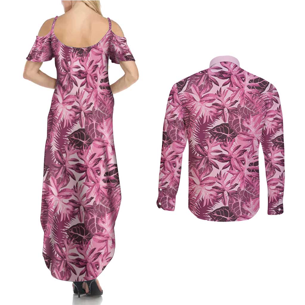 Hawaii Pink Tropical Leaves Couples Matching Summer Maxi Dress and Long Sleeve Button Shirt - Polynesian Pride