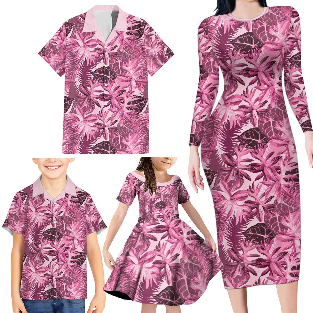 Hawaii Pink Tropical Leaves Family Matching Long Sleeve Bodycon Dress and Hawaiian Shirt - Polynesian Pride