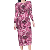 Hawaii Pink Tropical Leaves Family Matching Long Sleeve Bodycon Dress and Hawaiian Shirt - Polynesian Pride