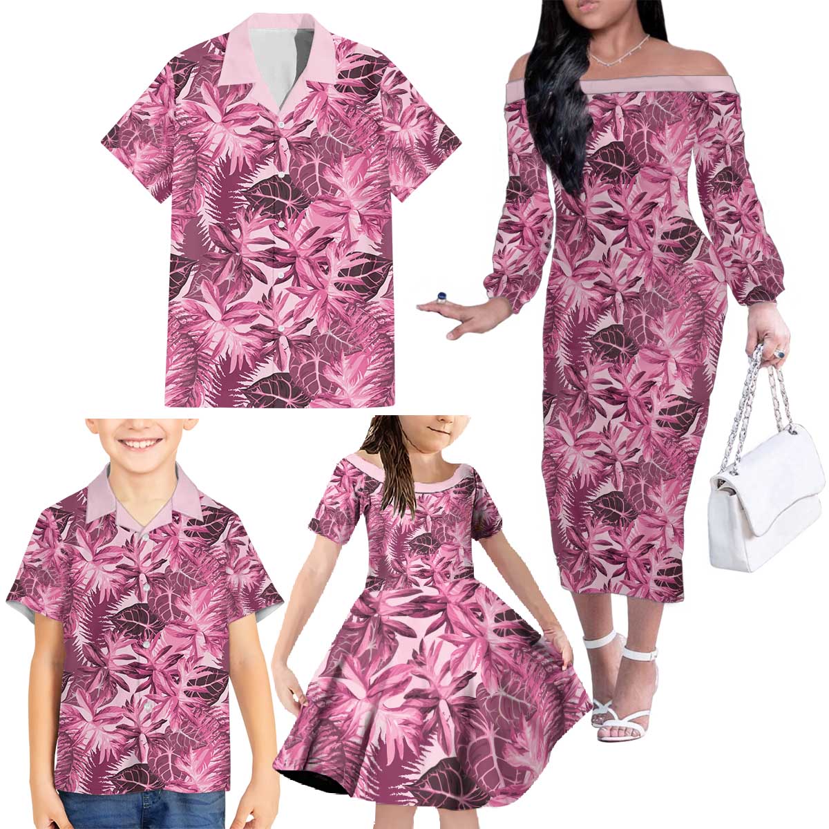 Hawaii Pink Tropical Leaves Family Matching Off The Shoulder Long Sleeve Dress and Hawaiian Shirt - Polynesian Pride