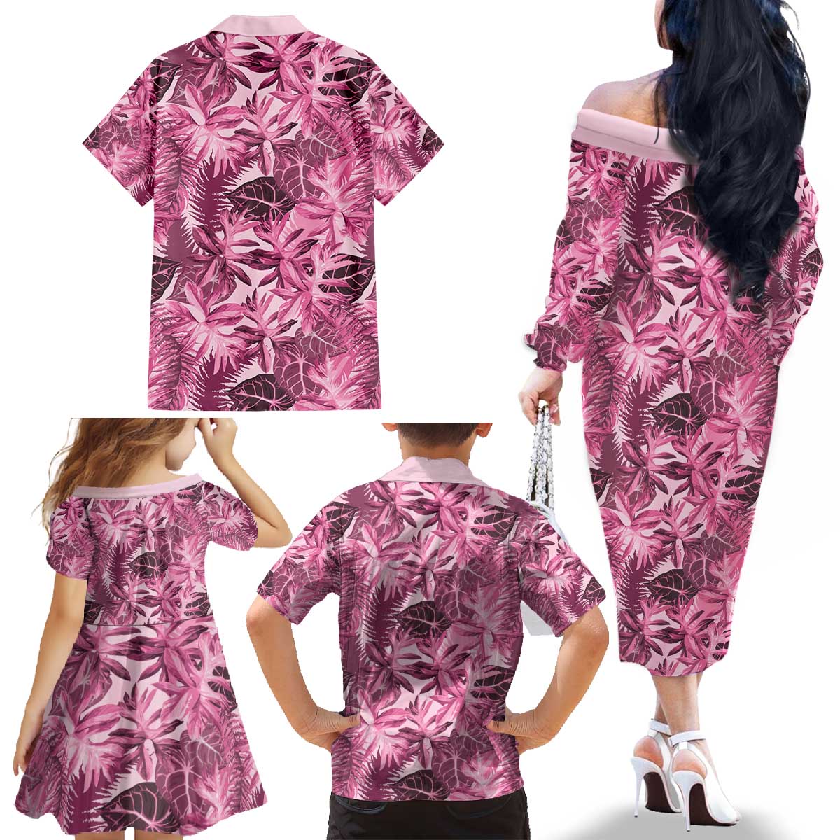 Hawaii Pink Tropical Leaves Family Matching Off The Shoulder Long Sleeve Dress and Hawaiian Shirt - Polynesian Pride