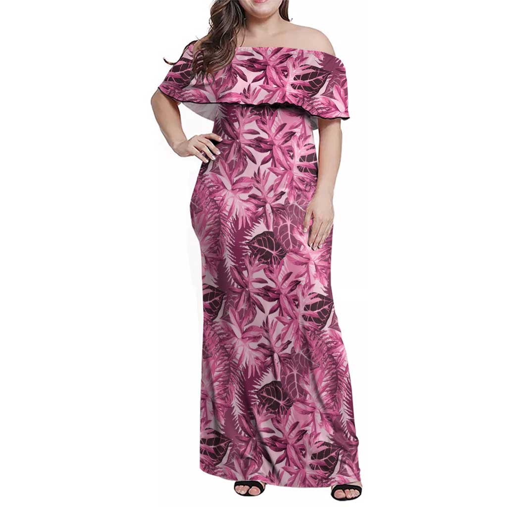 Hawaii Pink Tropical Leaves Family Matching Off Shoulder Maxi Dress and Hawaiian Shirt - Polynesian Pride