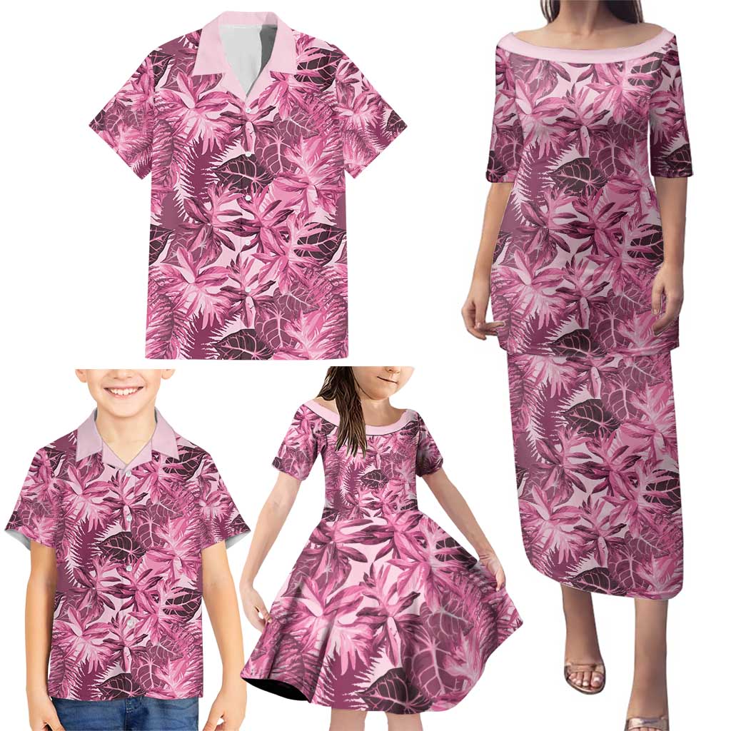 Hawaii Pink Tropical Leaves Family Matching Puletasi and Hawaiian Shirt - Polynesian Pride