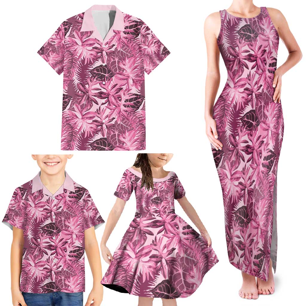 Hawaii Pink Tropical Leaves Family Matching Tank Maxi Dress and Hawaiian Shirt - Polynesian Pride