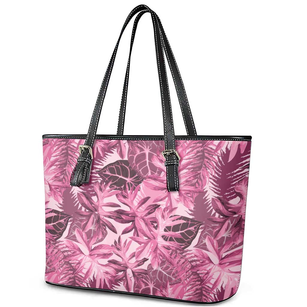Hawaii Pink Tropical Leaves Leather Tote Bag - Polynesian Pride