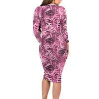 Hawaii Pink Tropical Leaves Long Sleeve Bodycon Dress - Polynesian Pride