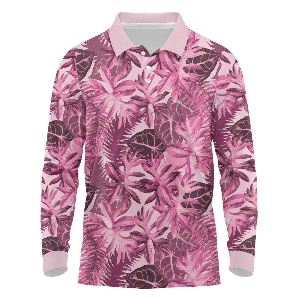 Hawaii Pink Tropical Leaves Long Sleeve Polo Shirt - Polynesian Pride