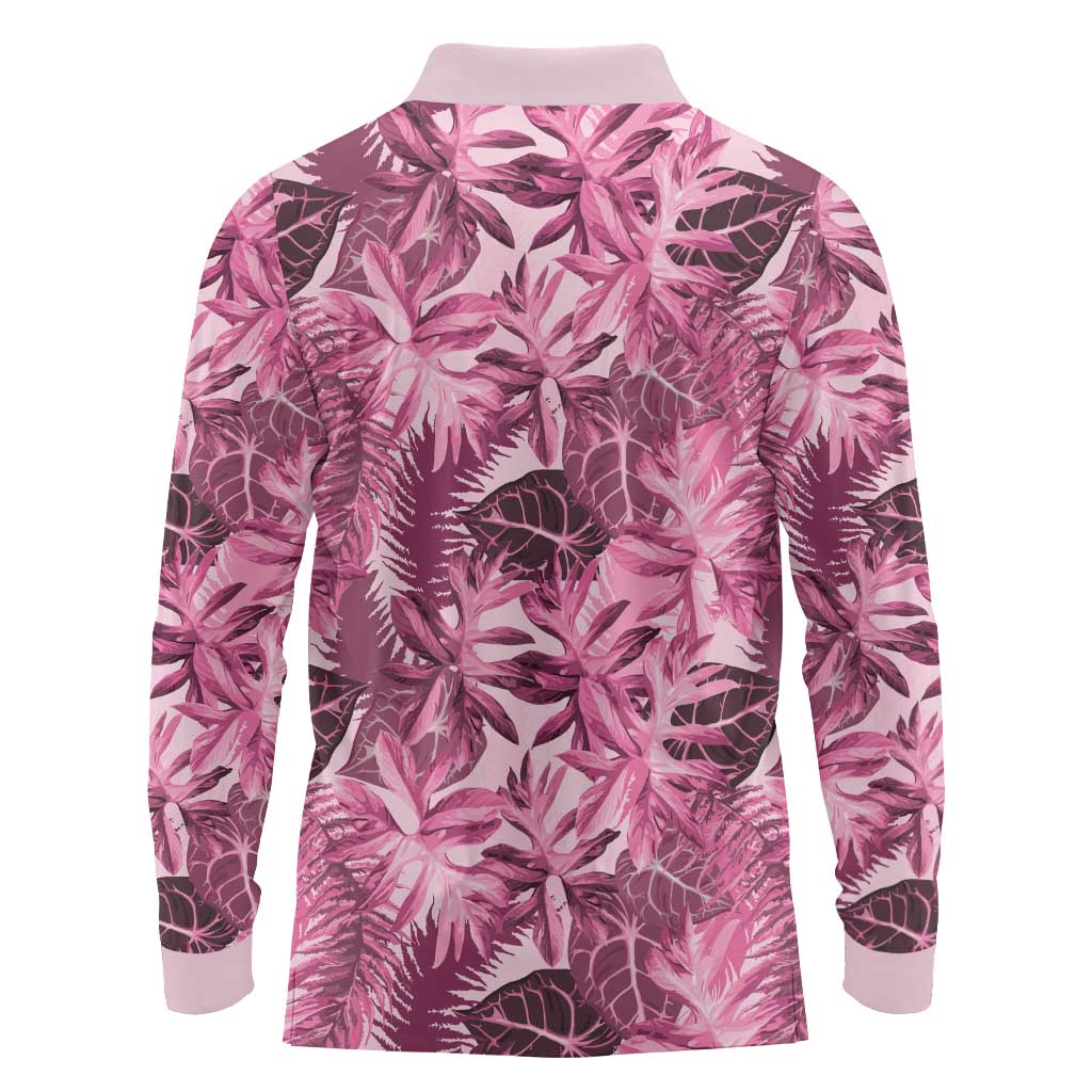 Hawaii Pink Tropical Leaves Long Sleeve Polo Shirt - Polynesian Pride