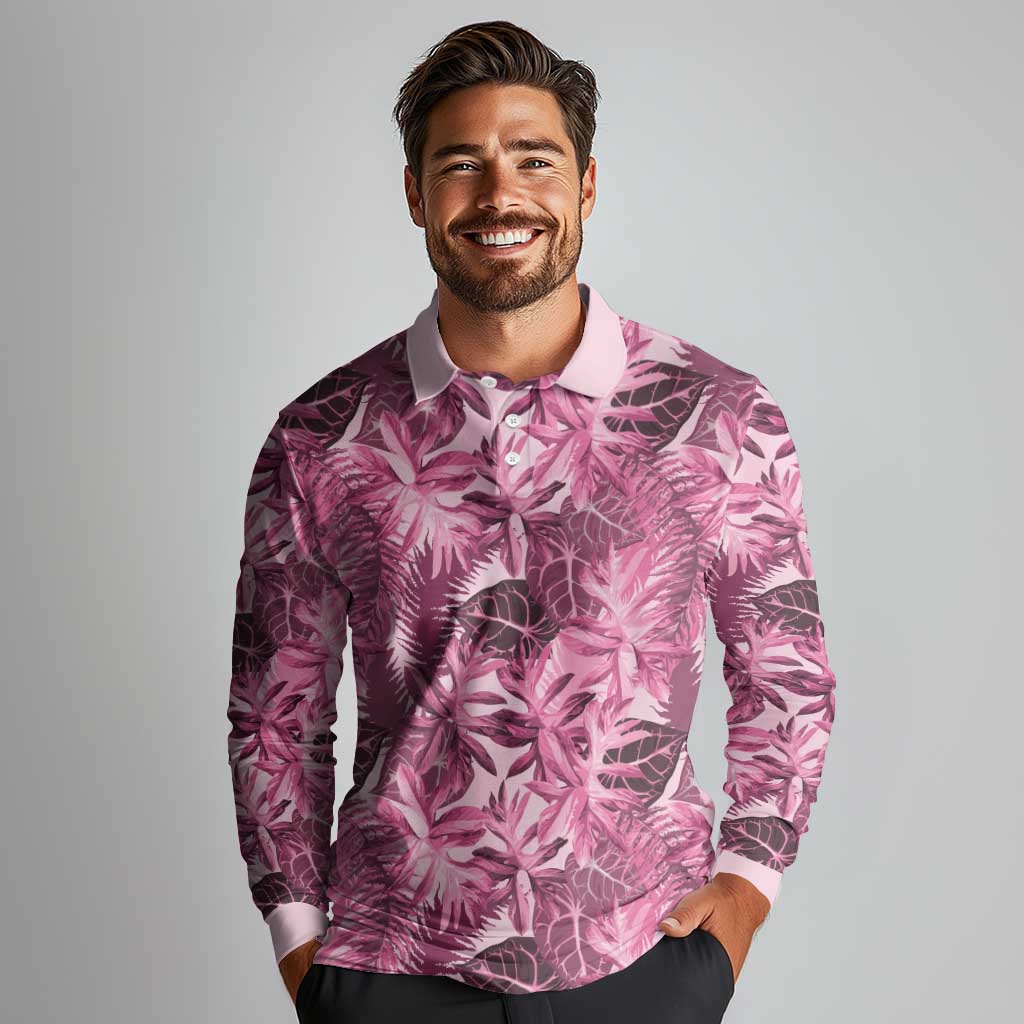 Hawaii Pink Tropical Leaves Long Sleeve Polo Shirt - Polynesian Pride