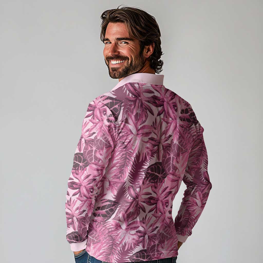 Hawaii Pink Tropical Leaves Long Sleeve Polo Shirt - Polynesian Pride
