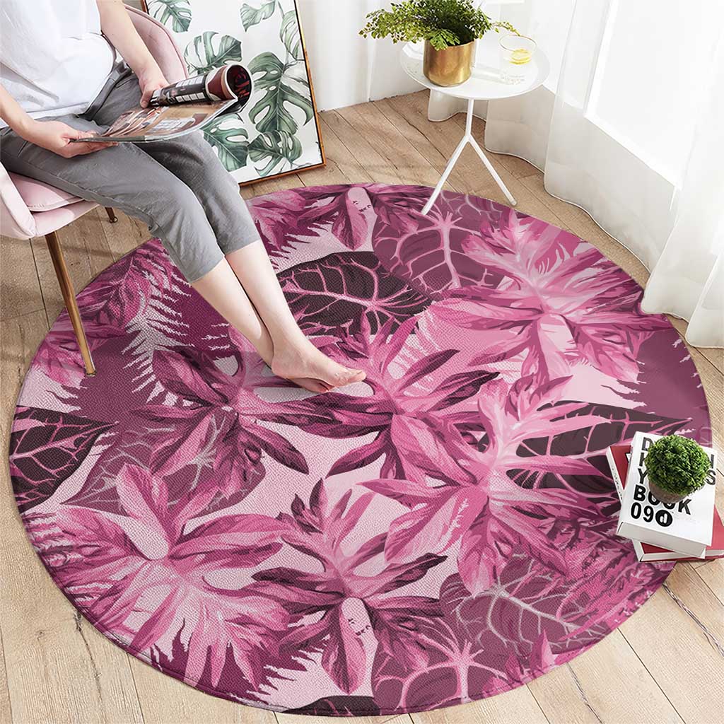 Hawaii Pink Tropical Leaves Round Carpet - Polynesian Pride