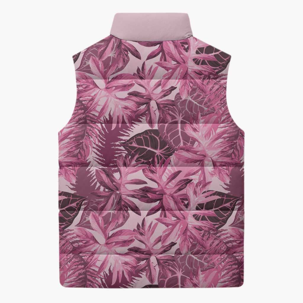 Hawaii Pink Tropical Leaves Sleeveless Puffer Jacket - Polynesian Pride
