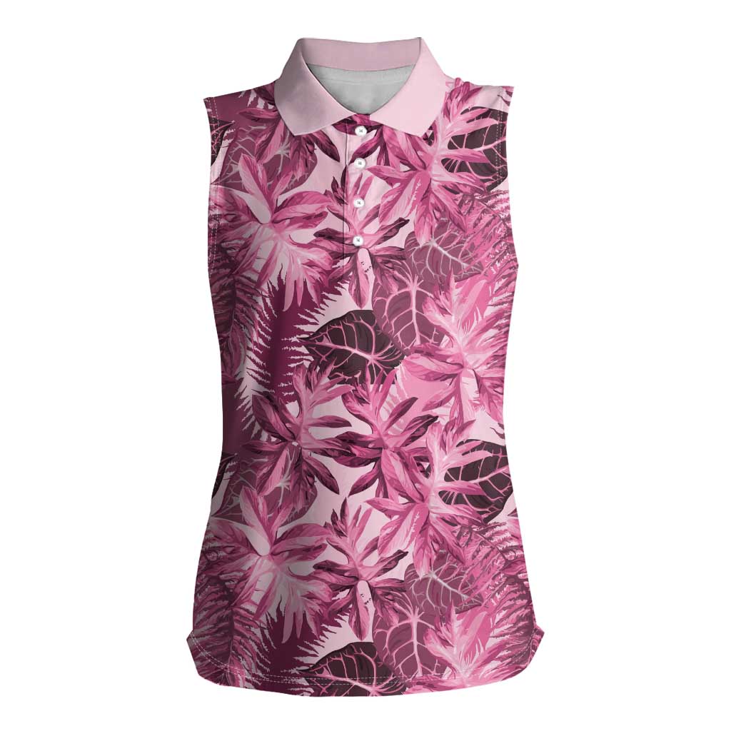 Hawaii Pink Tropical Leaves Women Sleeveless Polo Shirt - Polynesian Pride