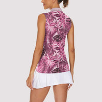 Hawaii Pink Tropical Leaves Women Sleeveless Polo Shirt - Polynesian Pride