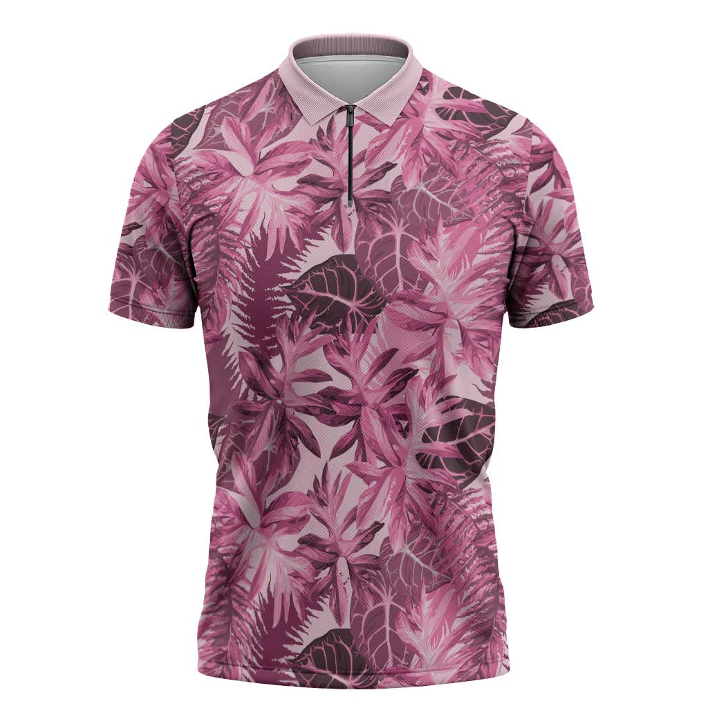 Hawaii Pink Tropical Leaves Zipper Polo Shirt - Polynesian Pride