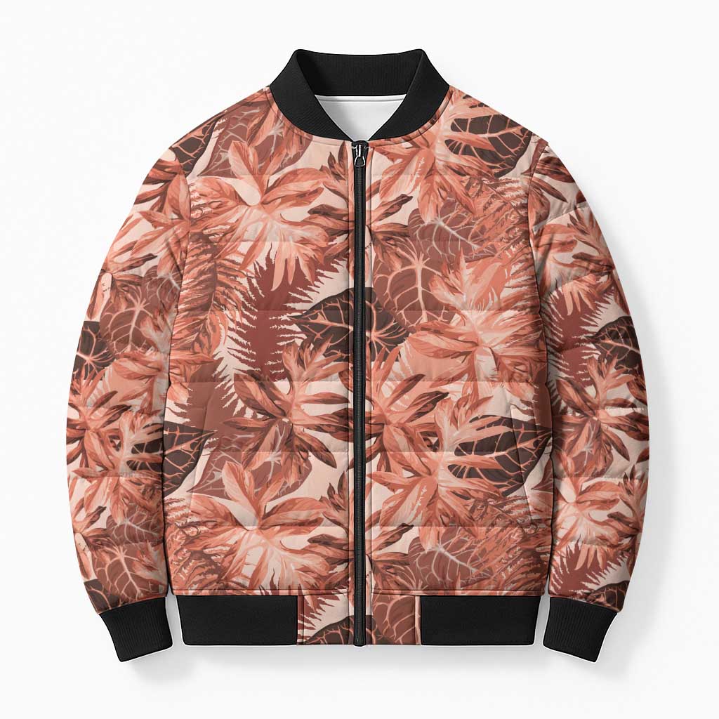 Hawaii Red Brown Tropical Leaves Bomber Puffer Jacket - Polynesian Pride